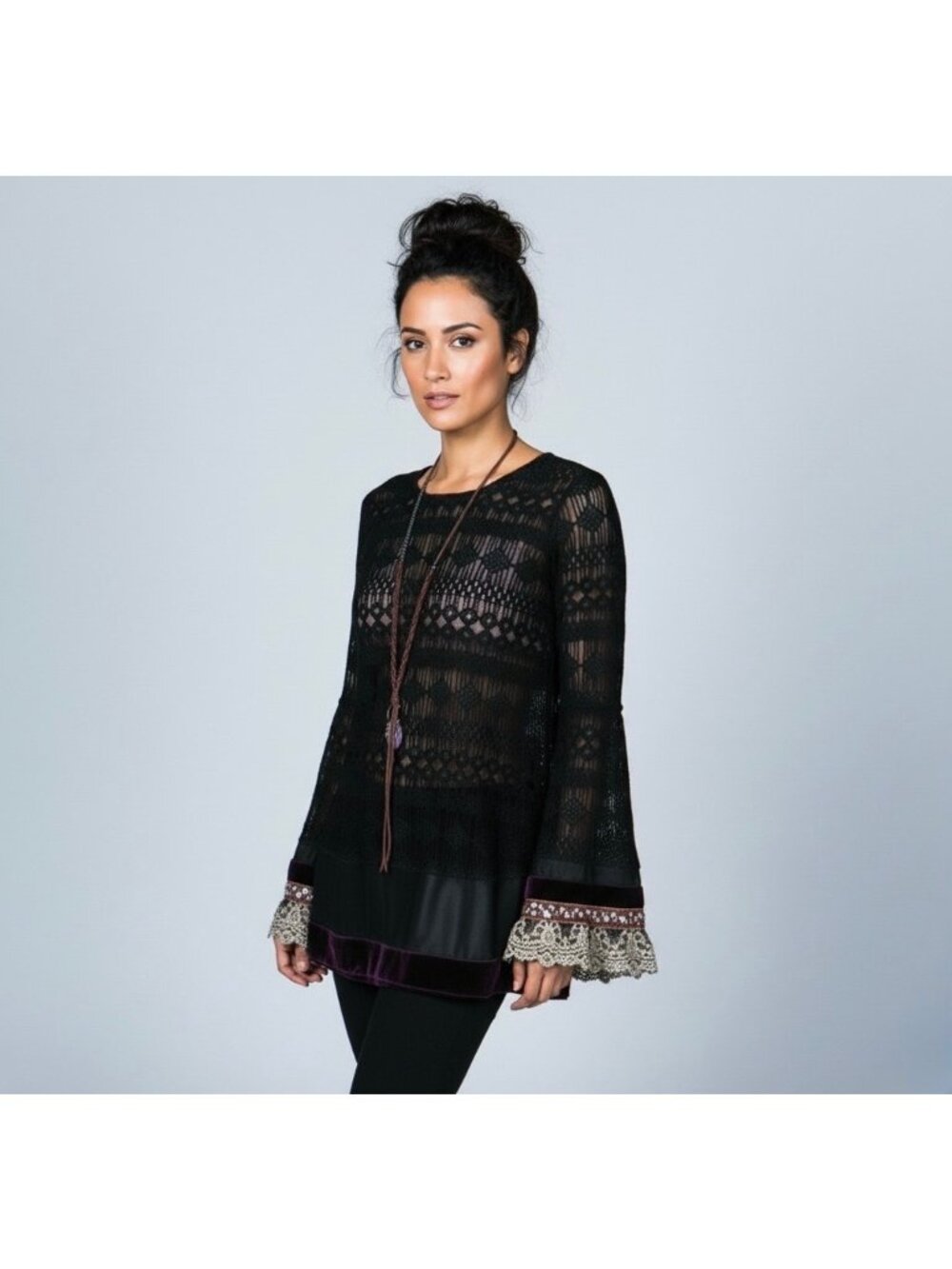RARE Free People Black Lace Velvet Bell Sleeve Mini Dress Tunic| Whimsigoth Boho - Picture 11 of 16